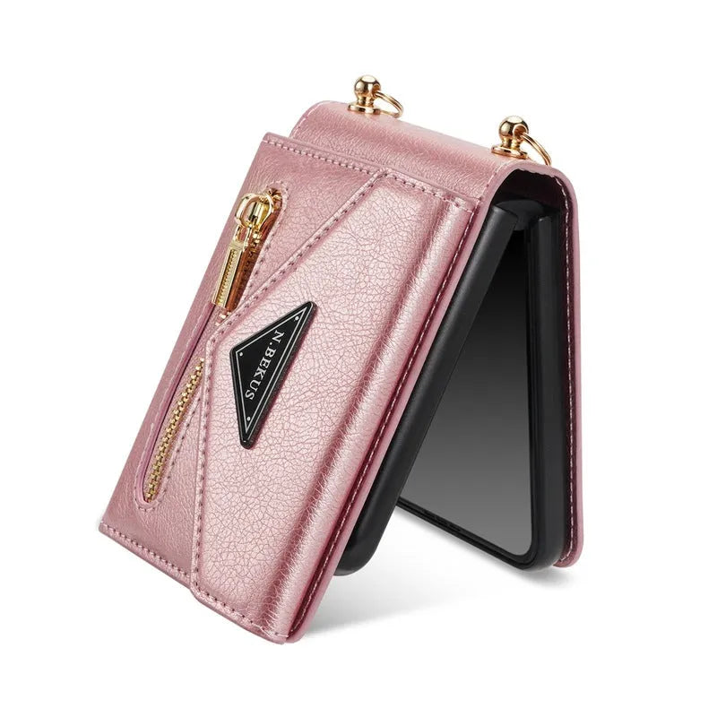 Samsung Z Flip5 side zipper card holder phone case in black with bracket stand