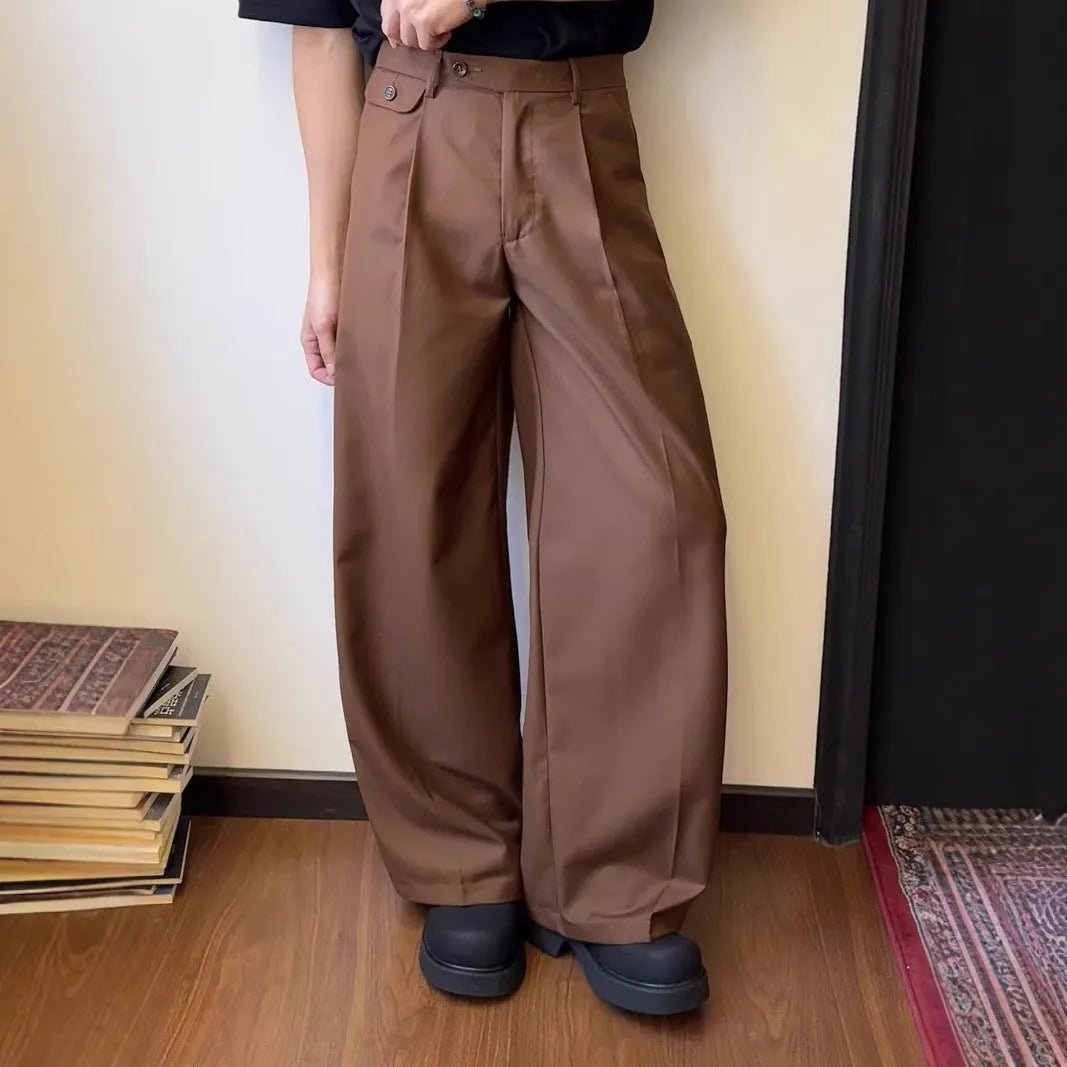 Men's straight-leg wide trousers in brown and black, showing loose fit and casual style.