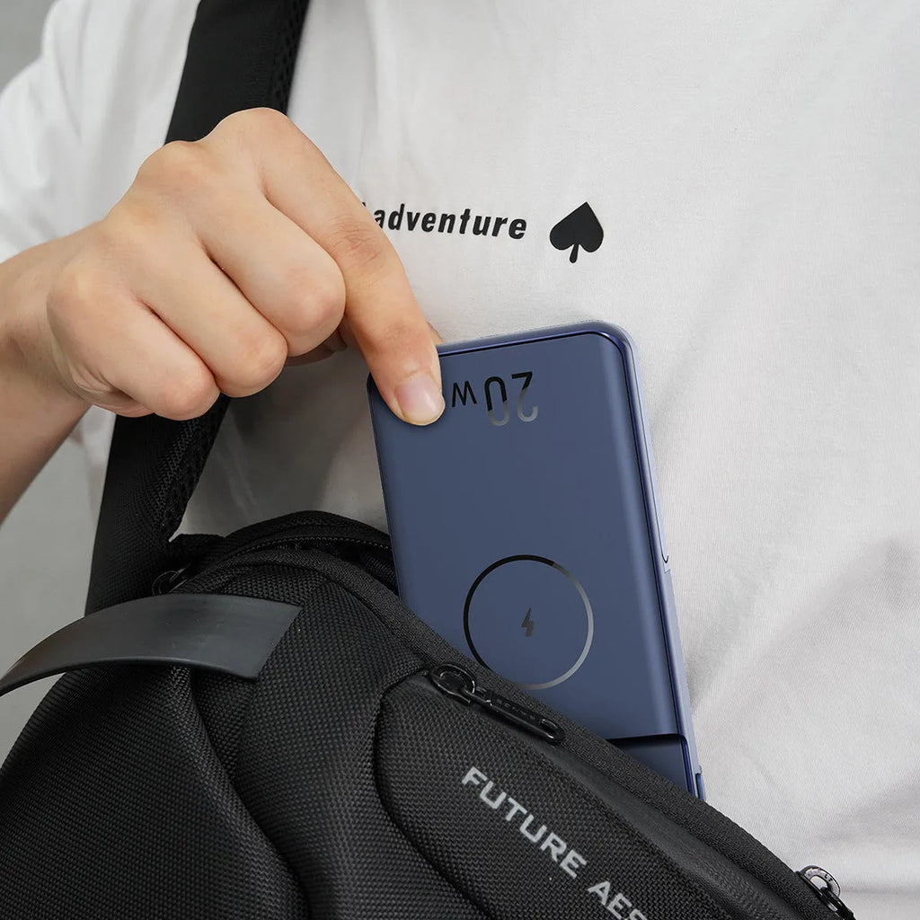 Black magnetic wireless power bank with three-in-one bracket showing 10000mAh capacity label