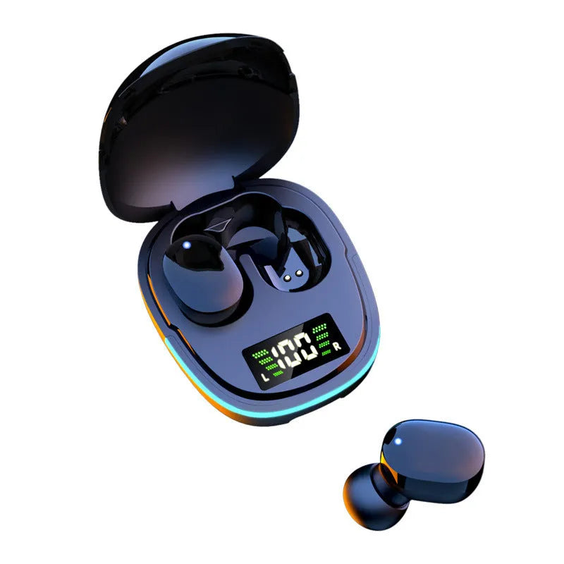 Black true wireless Bluetooth earbuds with charging case showing digital battery display