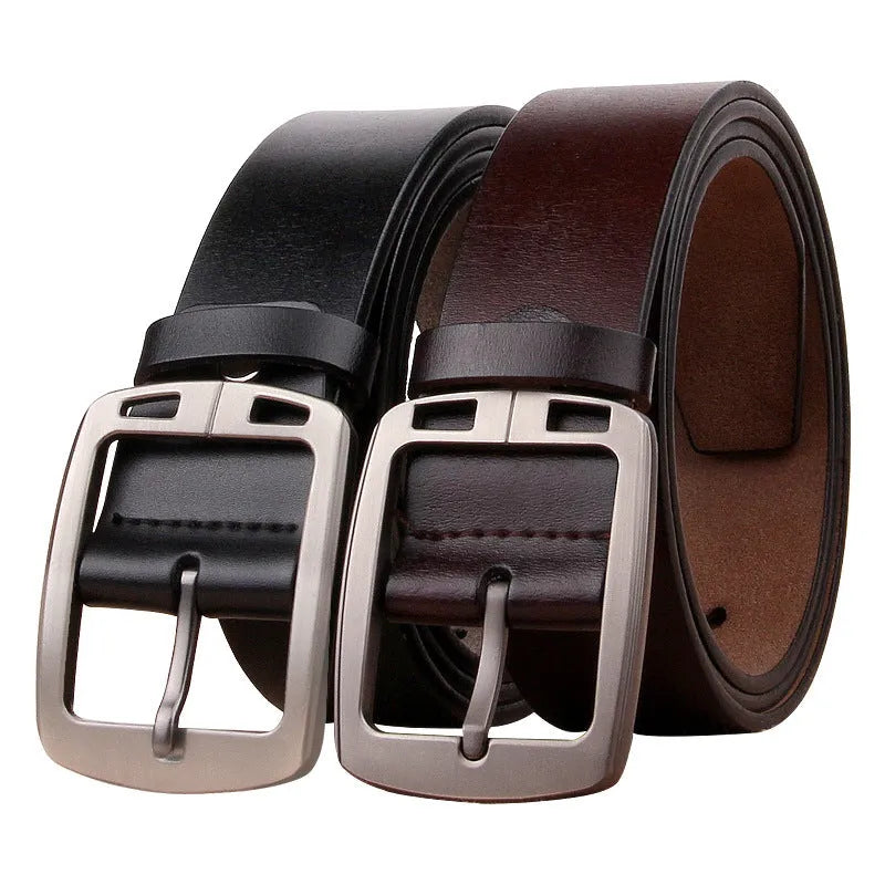Men's antique pin buckle cowhide belt in black with electroplated buckle