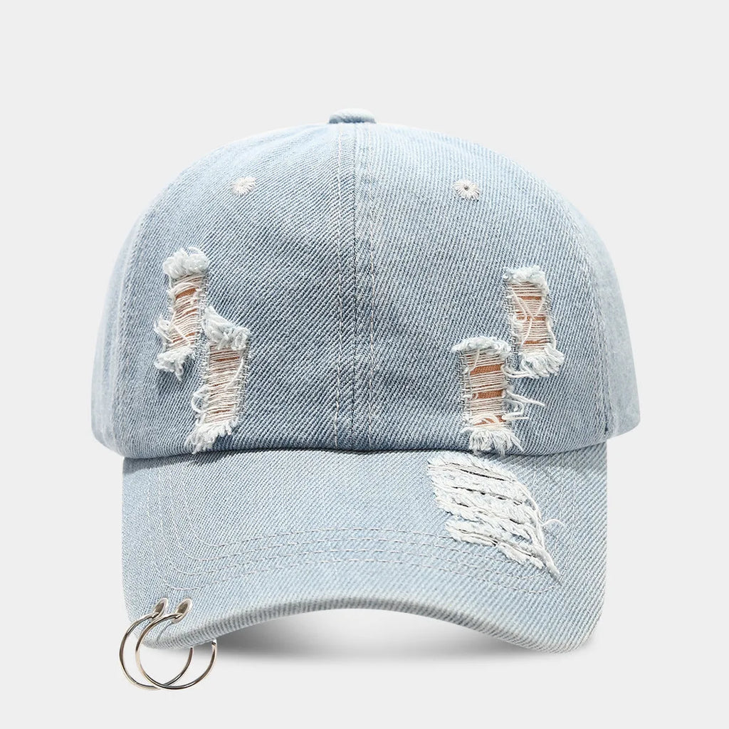 Men's adjustable denim peaked cap in black with dome crown and street style design