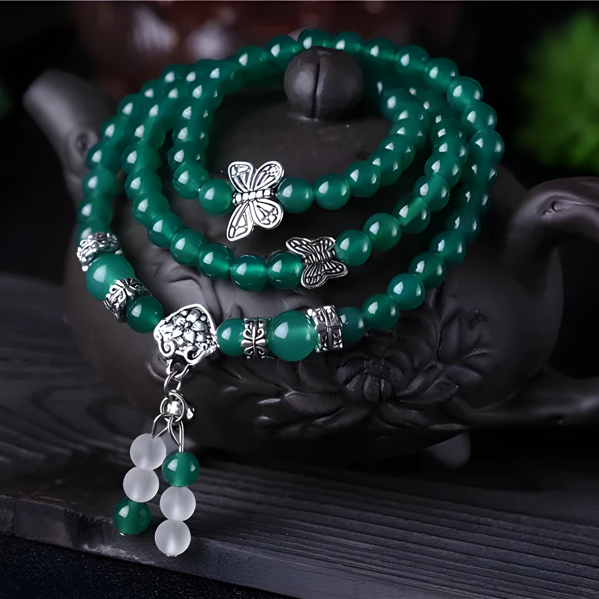 Green agate multi-strand bracelet with three layers of 6mm beads