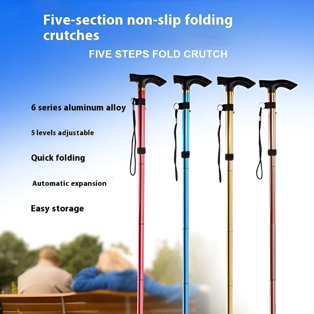 Aluminium folding walking cane with a non-slip handle, shown extended and in silver colour.