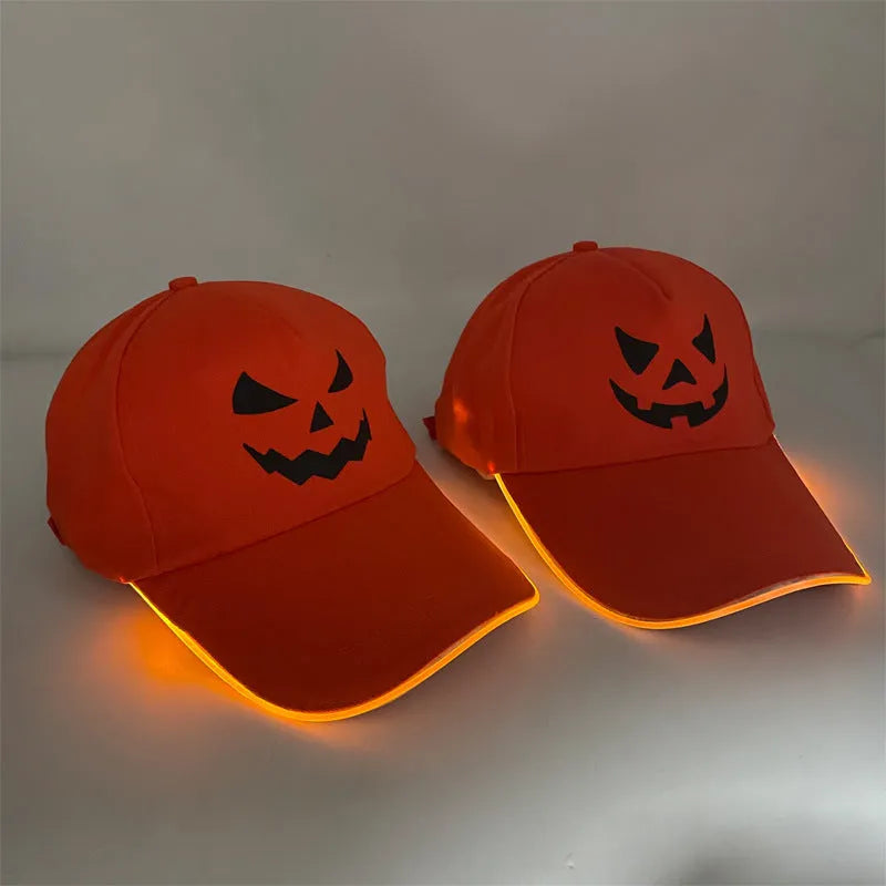 Halloween LED baseball cap showing integrated lighting effects in various pumpkin and solid colour designs