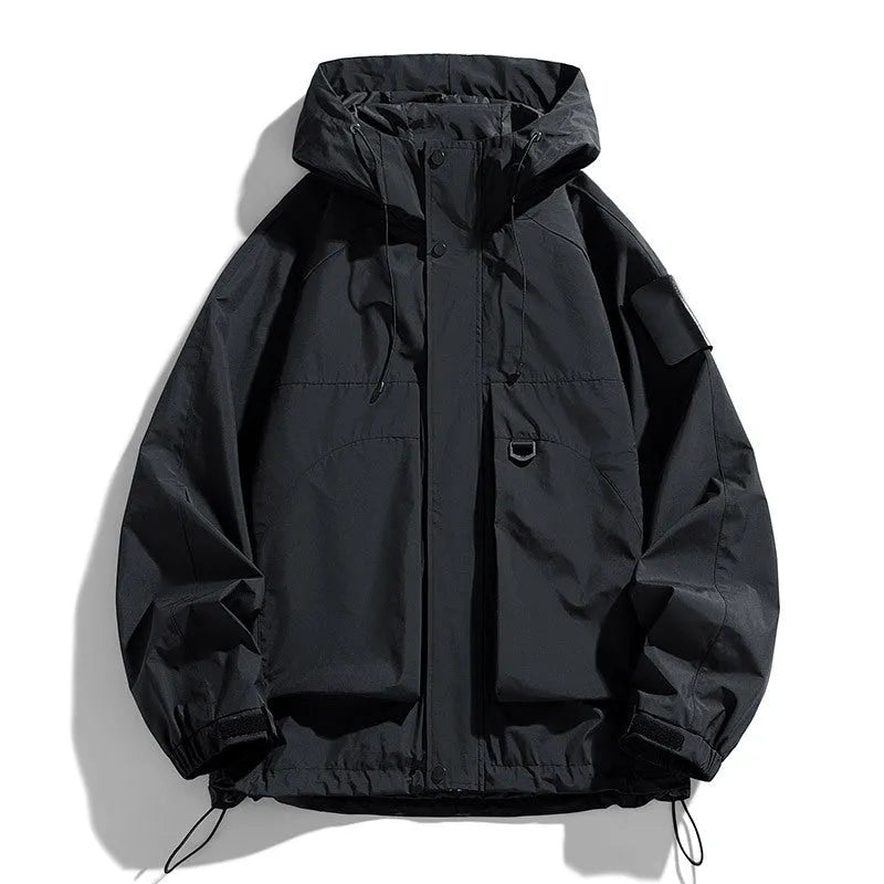 Men's black hooded waterproof windproof jacket on a hanger