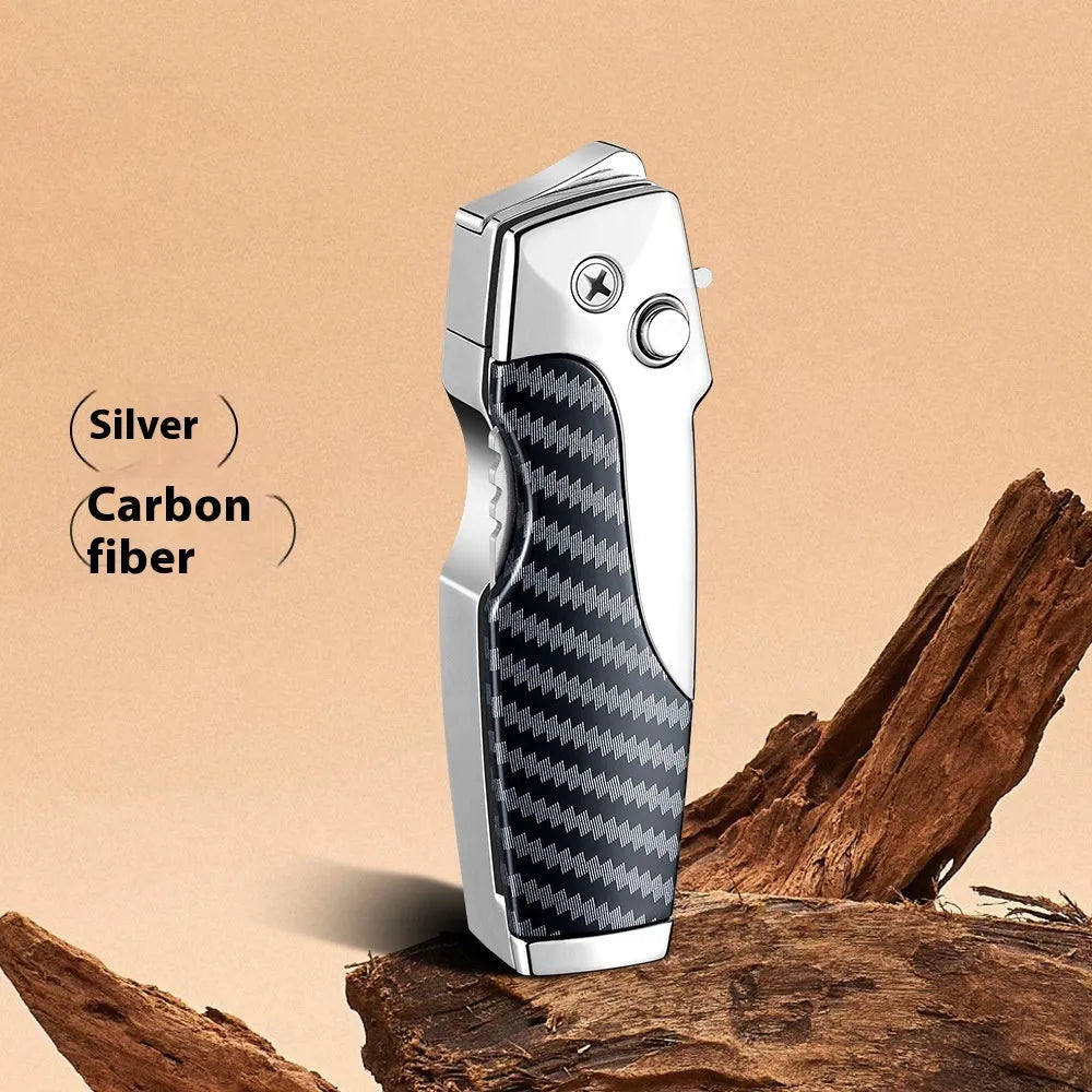 Zinc alloy metal folding lighter tool with integrated knife, shown in a carbon fibre finish.