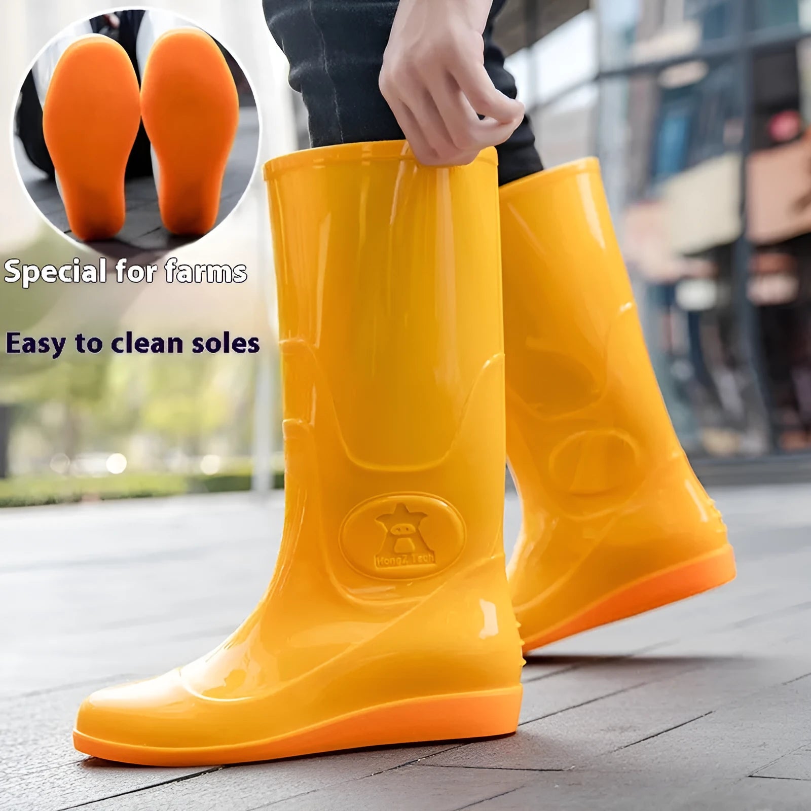 White and yellow plastic washable rain boots with high-tube design and flat heels for labour protection