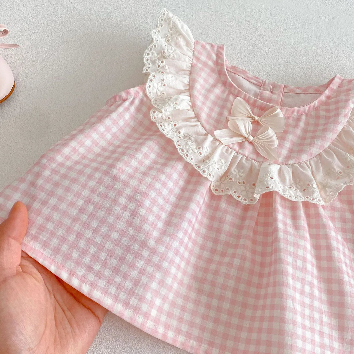 Girls cherry pink plaid bowknot shirt and wide leg pants two-piece set on child