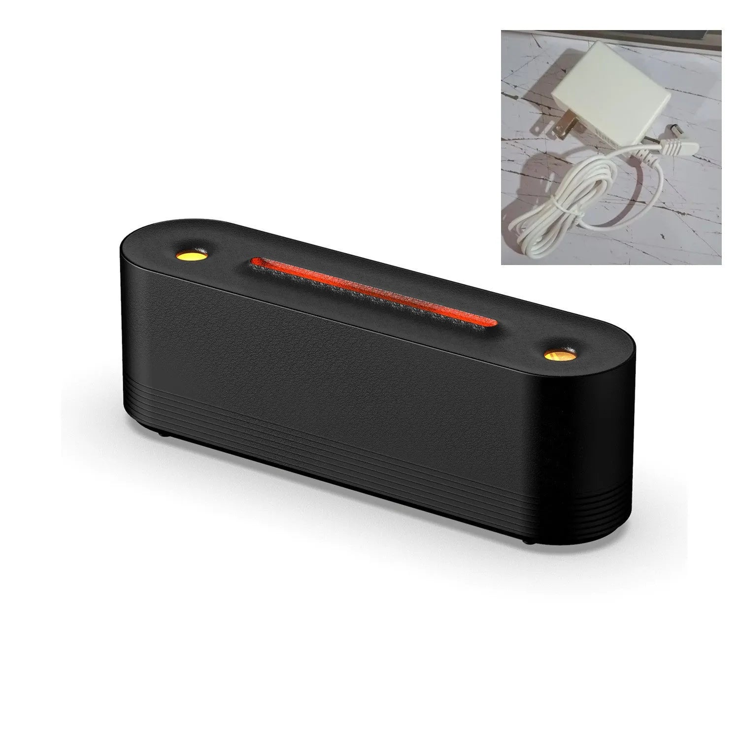 Black Flame Air ultrasonic humidifier with LED lights creating mist and flame effects on wooden surface