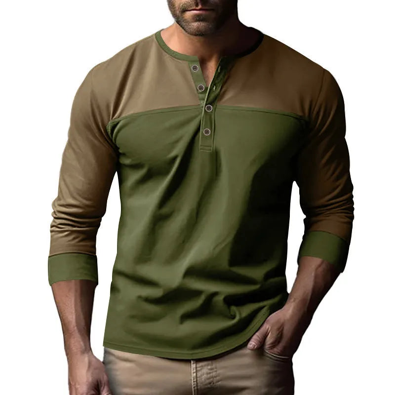Men's retro colour block long sleeve polyester pullover base shirt in black and brown colourway, loose fit