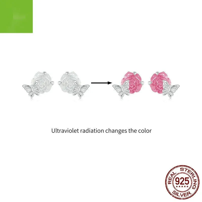 S925 sterling silver rose flower ear studs electroplated finish sweet style women