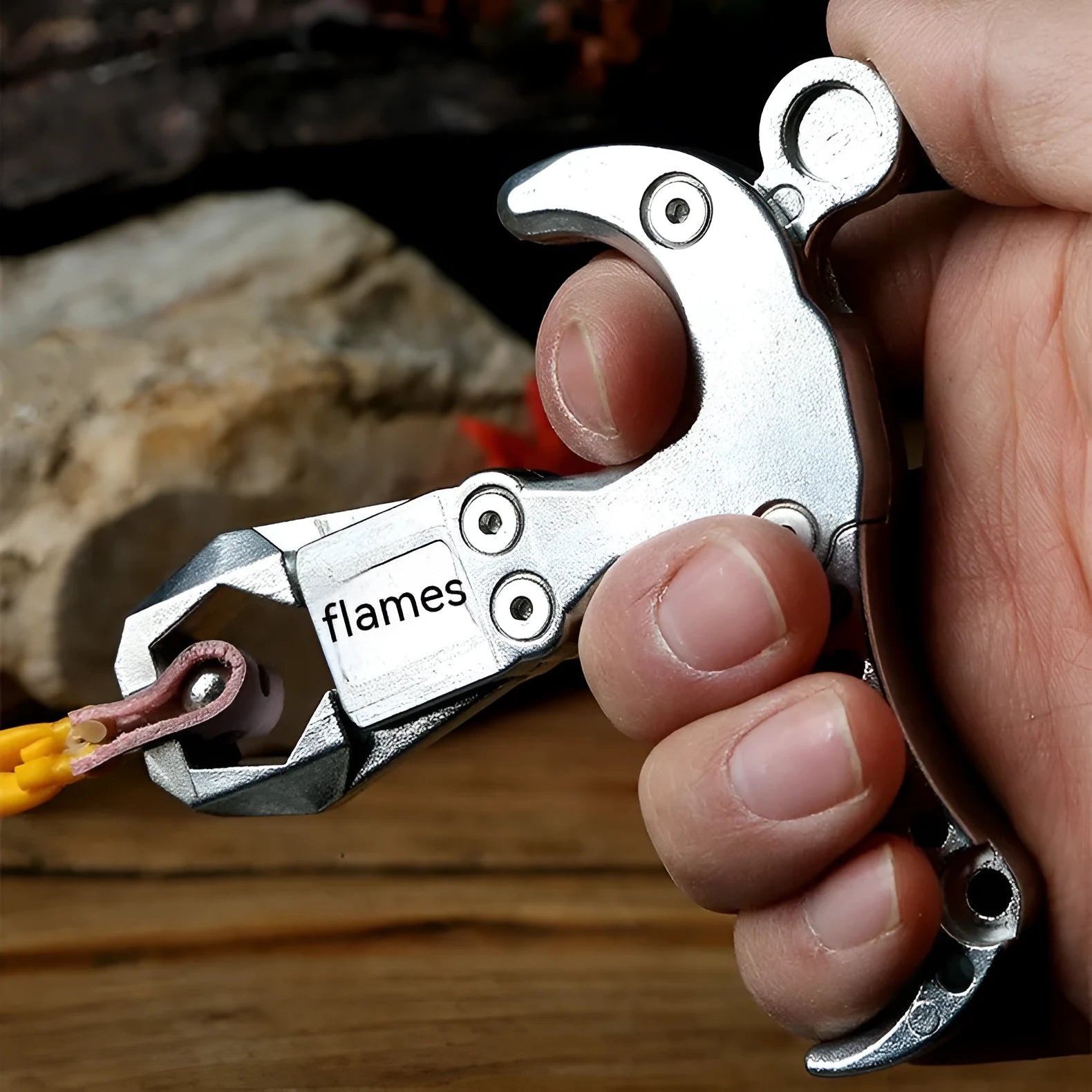 Zinc alloy archery release aid with a stainless steel trigger and adjustable wrist strap.