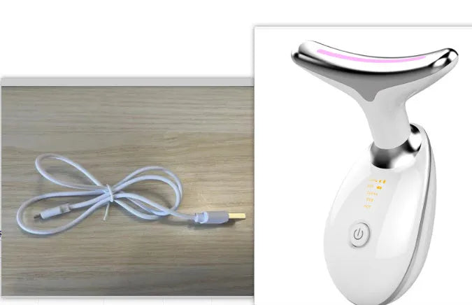 Black and silver EMS thermal neck lifting massager with LED lights for wrinkle reduction and skin tightening.