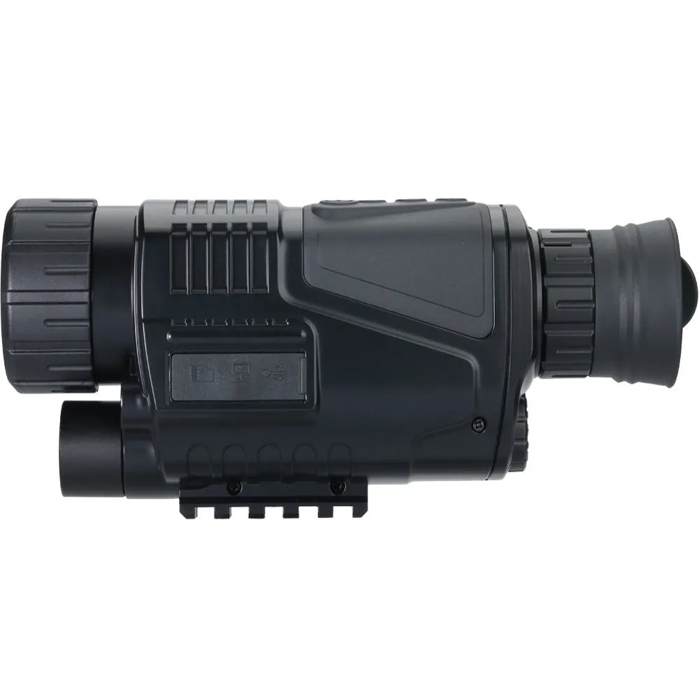 Black infrared digital night vision telescope with rubber grip, shown with storage bag and cables.