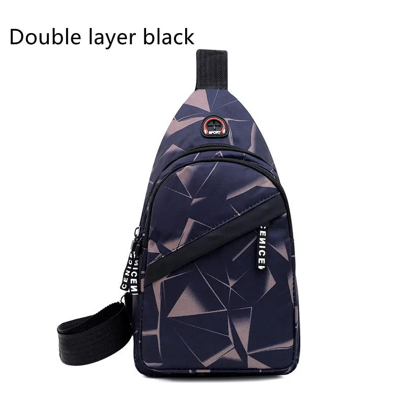 Print sling chest bag with earphone hole design in Oxford cloth, showing zipper opening and square vertical shape