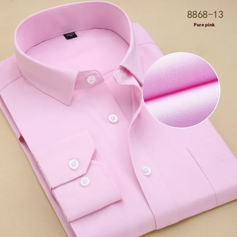 Men's solid colour cotton long sleeve business shirt in a slim fit on a hanger