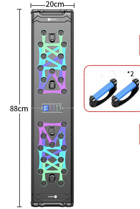 Black multifunctional push-up board for chest and abdominal training measuring 87x43x20cm with TPE soft rubber grips and ABS plastic construction