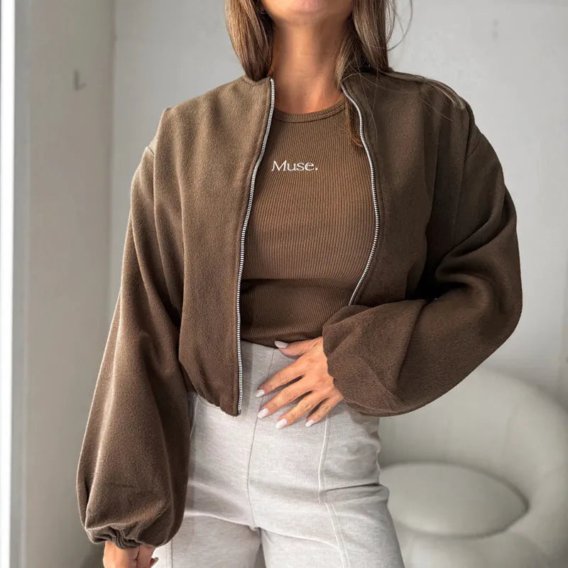 Women's off-shoulder short coat with lantern sleeves in polyester fabric