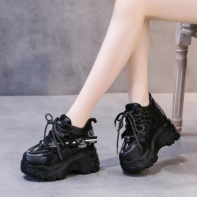White women's mesh platform sports shoes with cross strap and a 6-8cm rubber sole.