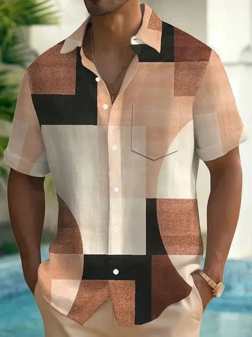 Men's loose fit cardigan shirt with retro geometric 3D printed squares in contrast colours