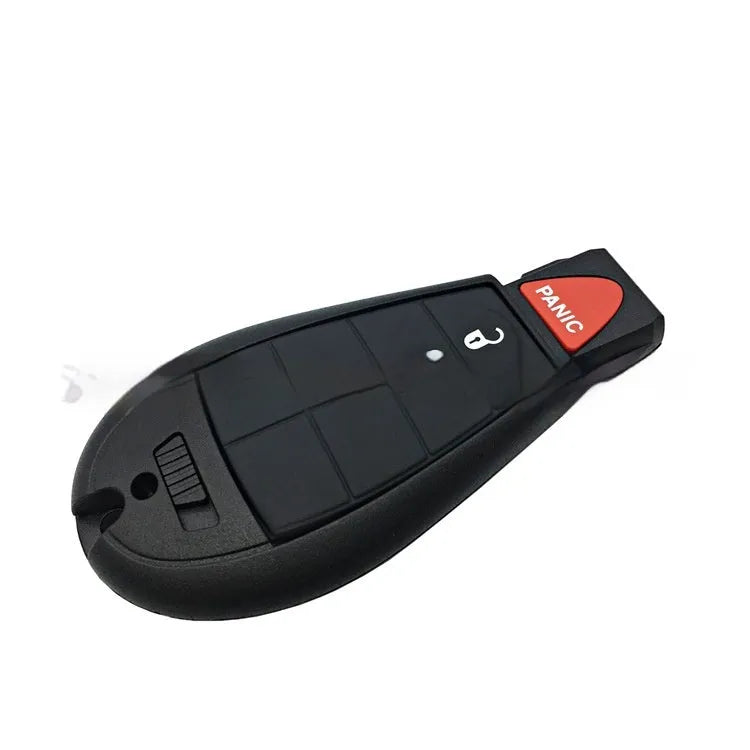Blank Dodge car key shell case made of black ABS plastic, showing brass contacts inside, dimensions 85x42x15mm.