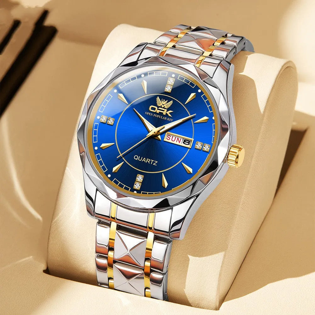 Round stainless steel men's watch with double calendar display on white background