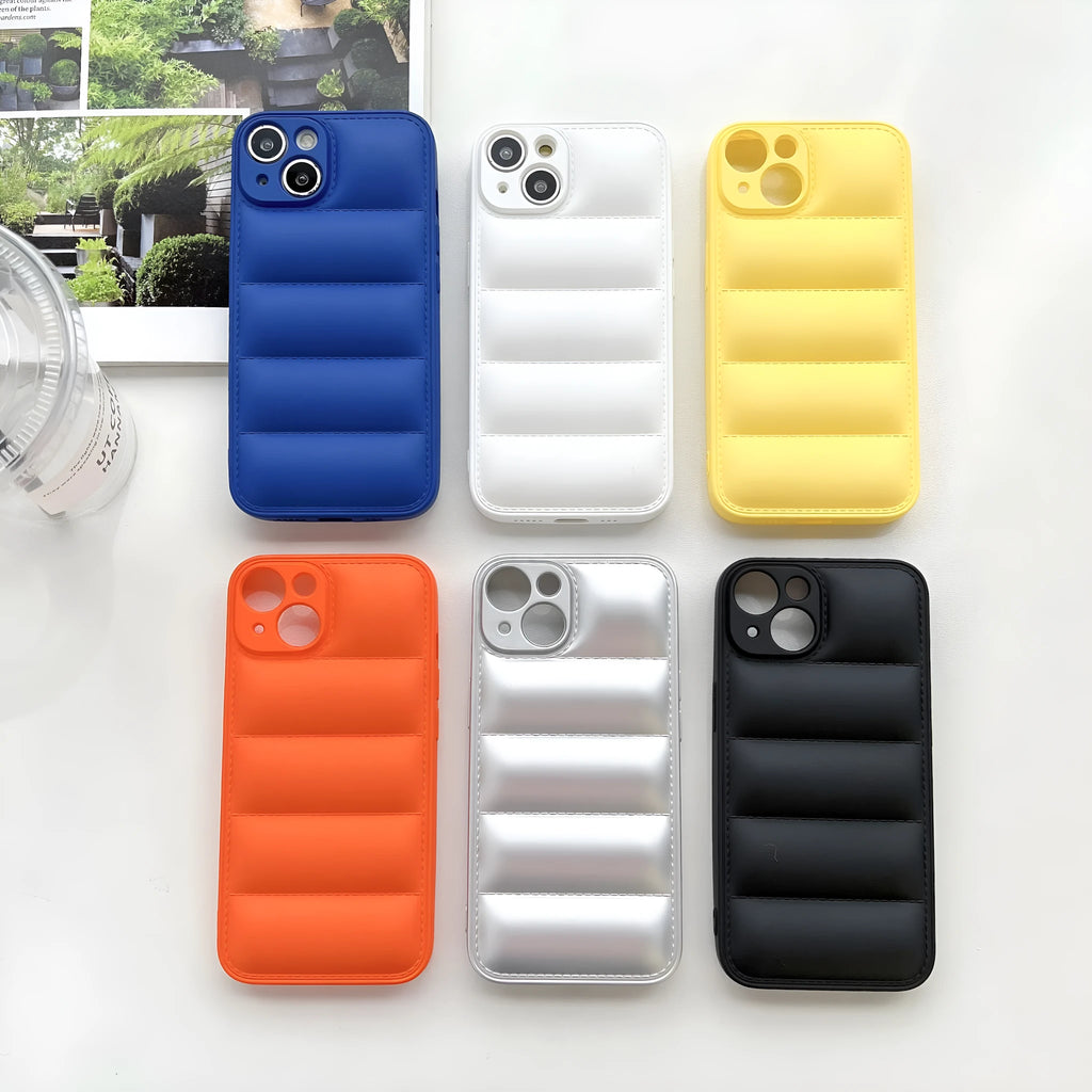 Plastic down jacket style TPU phone case in black for iPhone 15 Pro