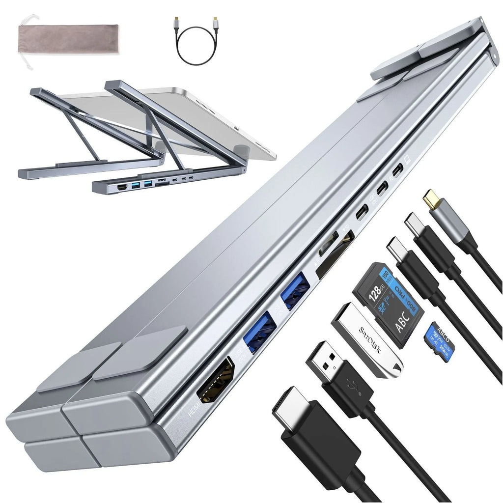 Grey aluminium alloy laptop docking station with folding stand and multiple ports