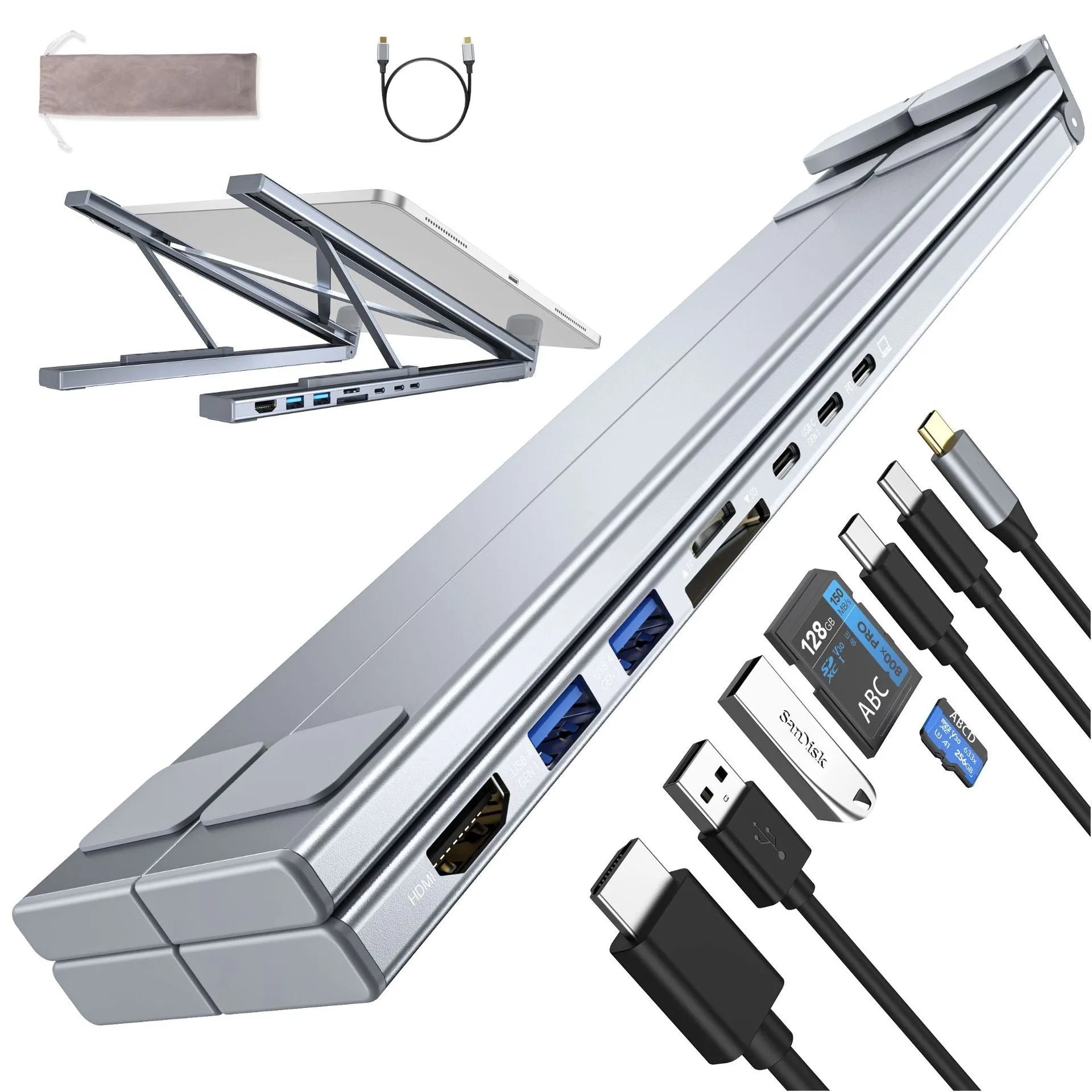 Grey aluminium alloy laptop docking station with folding stand and multiple ports