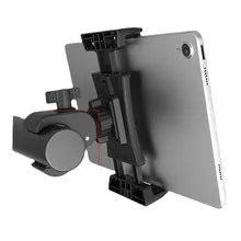 Black ABS plastic universal bicycle handlebar mount for mobile phones and tablets.
