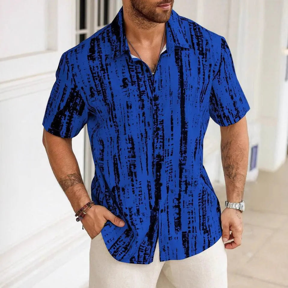 Man wearing a short sleeve casual shirt with 3D printed stripes in a choice of apricot, blue, white, or yellow.