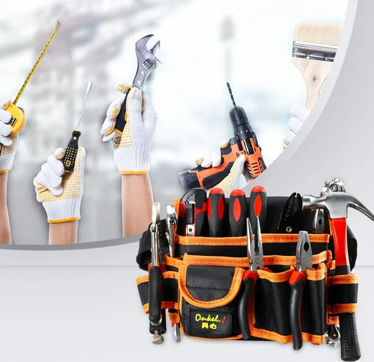 Orange canvas tool belt bag with oxford cloth outer, 564mm length, and 10kg load capacity on a construction site