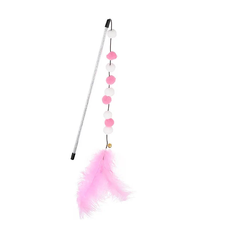 31cm acrylic cat teaser stick with contrast pompon feathers and bell in blue, grey, pink or yellow