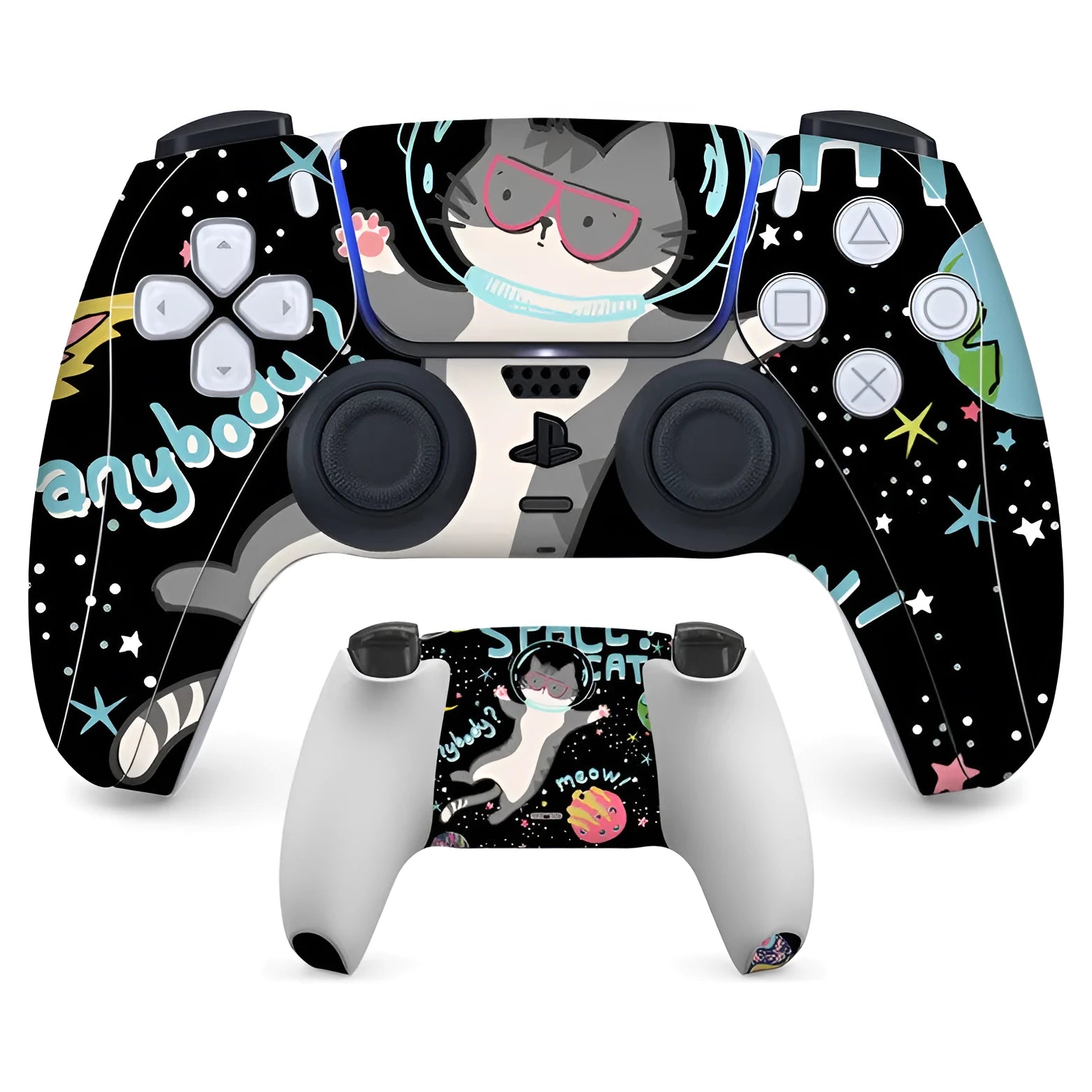 PS5 DualSense controller with anti-scratch front and back protection stickers applied.