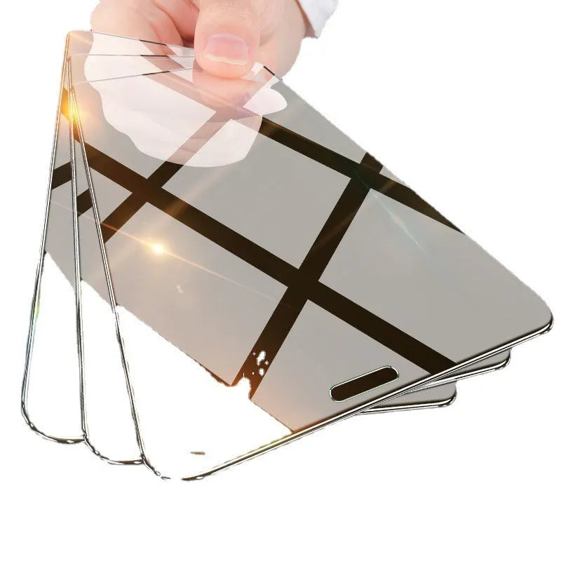 Tempered glass screen protector with 0.26mm arc edge for iPhone, showing film aligned over phone screen