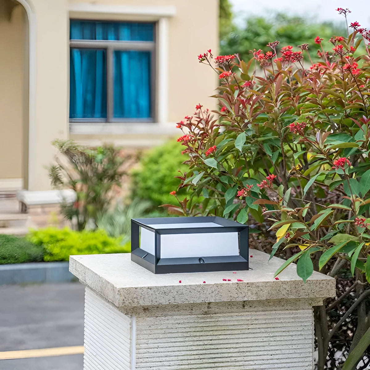 LED outdoor solar column light with aluminium housing on a brick gate pillar, IP54 waterproof for garden wall