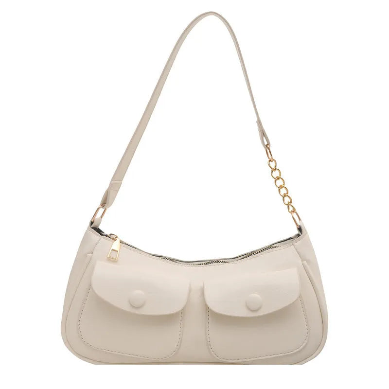 Casual women's PU leather clamshell shoulder bag in urban simplicity style, horizontal square shape, medium hardness