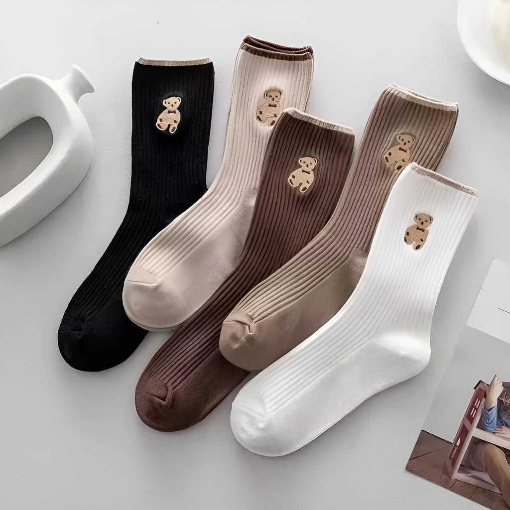Women's mid-calf retro bear jacquard stack socks in white beige or brown, Japanese school style