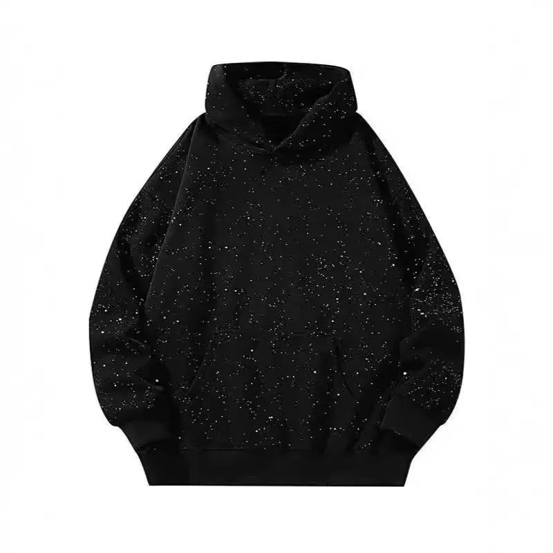 Black starry hooded sweater with letter pattern, loose fit, for men and women, polyester fibre, sizes M to 3XL