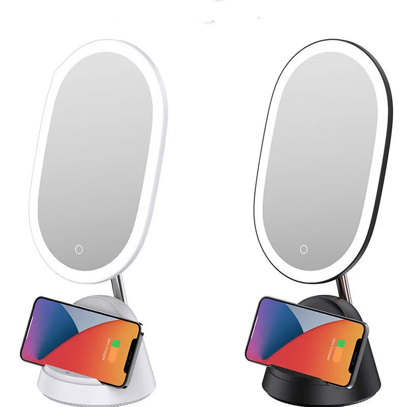 White multifunctional makeup mirror table lamp with UK plug on desktop