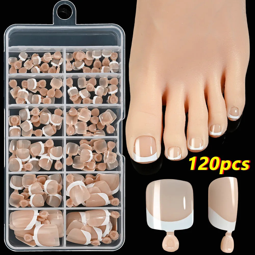 120 pieces box of French white edge short full square toe nail pieces for ladies in multiple colours