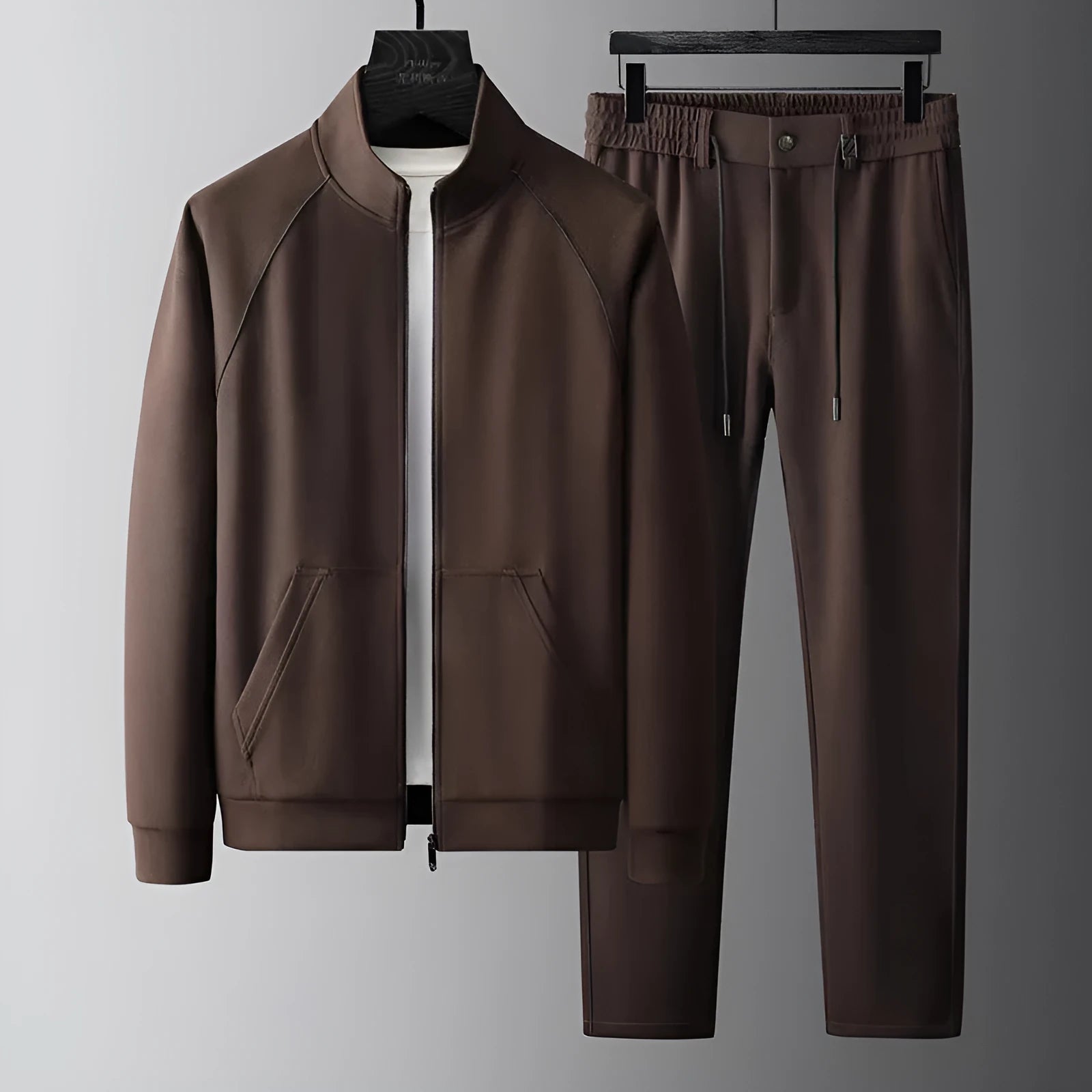 Men's slim fit stand collar casual sports suit two-piece set in black.