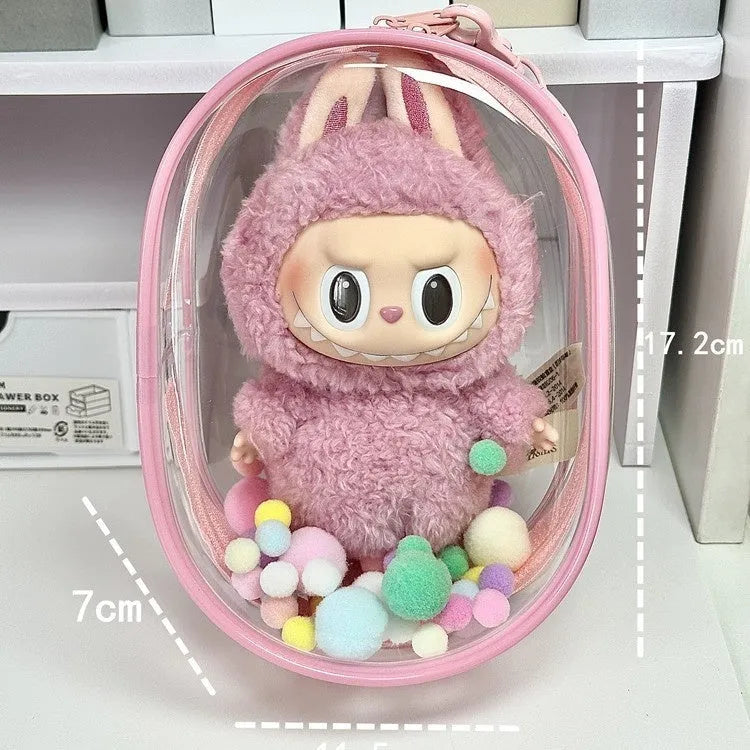 Transparent PVC cube storage bag for cotton dolls with keychain attachment.
