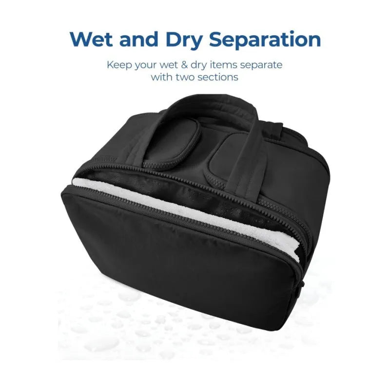 Large lightweight travel toiletry bag in polyester with wide opening, shown in available colours.