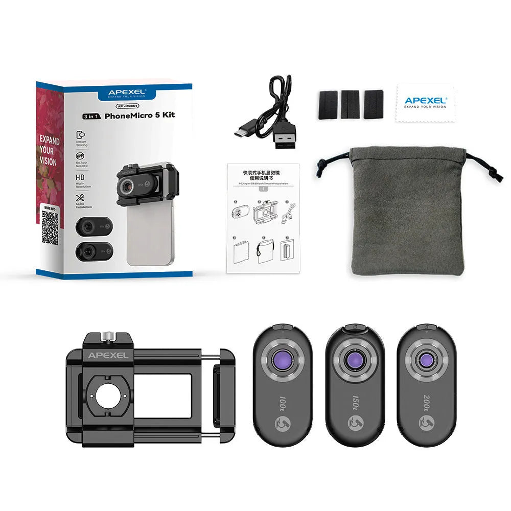 Portable mobile phone microscope with purple LED light and quick-assembly tension clamp on a textile fabric