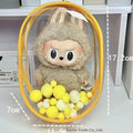 Transparent PVC cube storage bag for cotton dolls with keychain attachment.