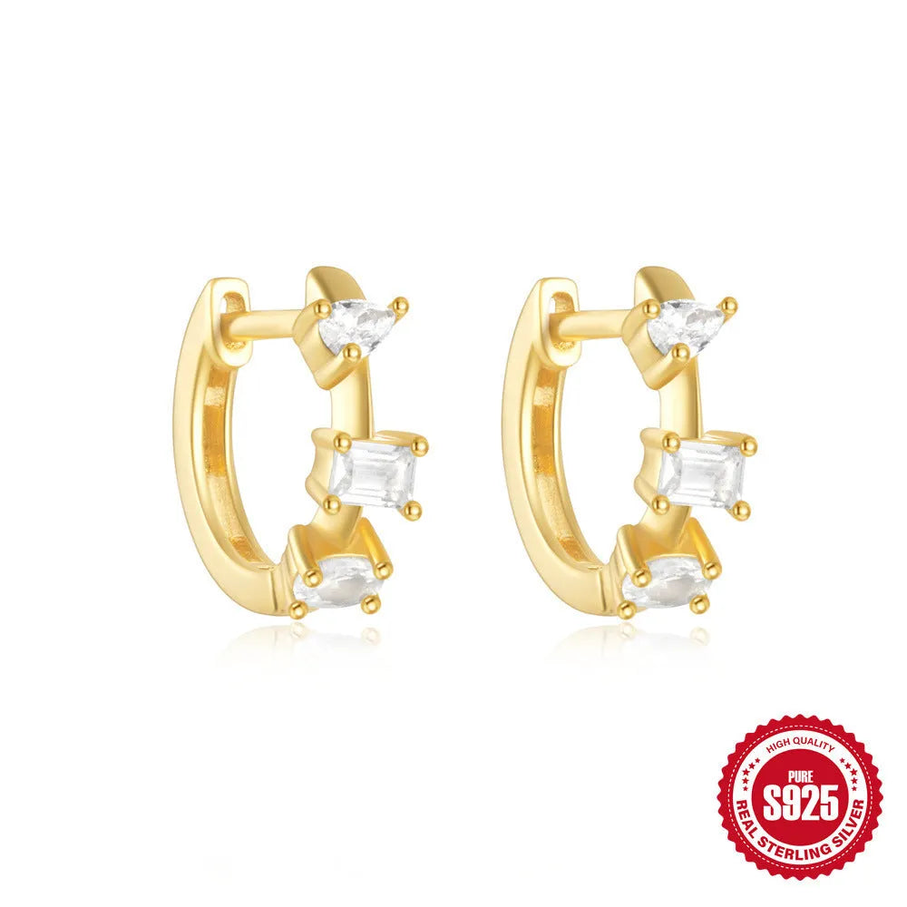 Small round geometric sterling silver stud earrings with diamond accents in gold or silver finish