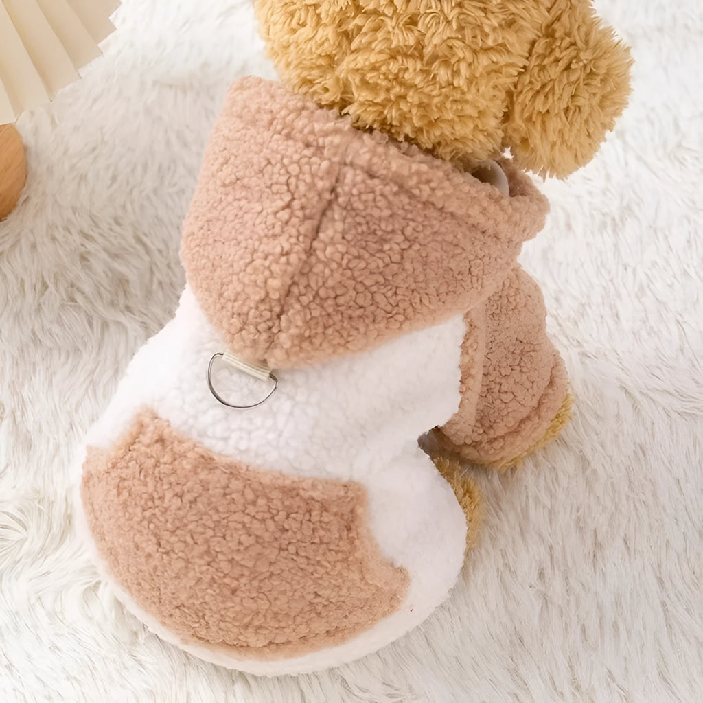 Brown hooded cotton-padded coat for small pets on dog mannequin