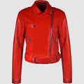 Women's black PU leather motorcycle jacket with lapel belt, on a hanger.